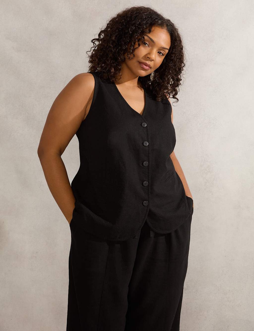 Linen Blend Button Through Waistcoat