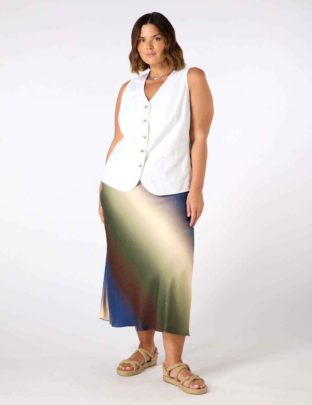 Linen Blend Button Through Waistcoat