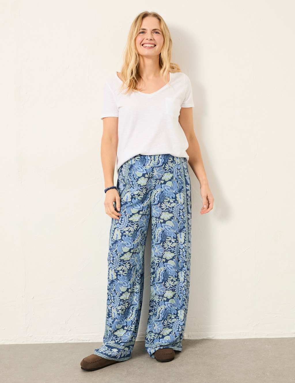 Fatface Women's Floral Elasticated Waist Wide Leg Trousers - 10 - Blue Mix - Available at M&S
