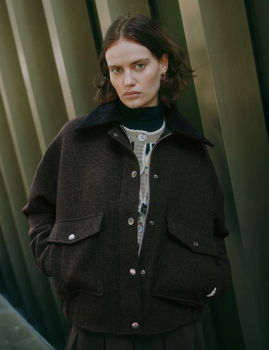 Albaray Wool Blend Flannel Relaxed Jacket Brown