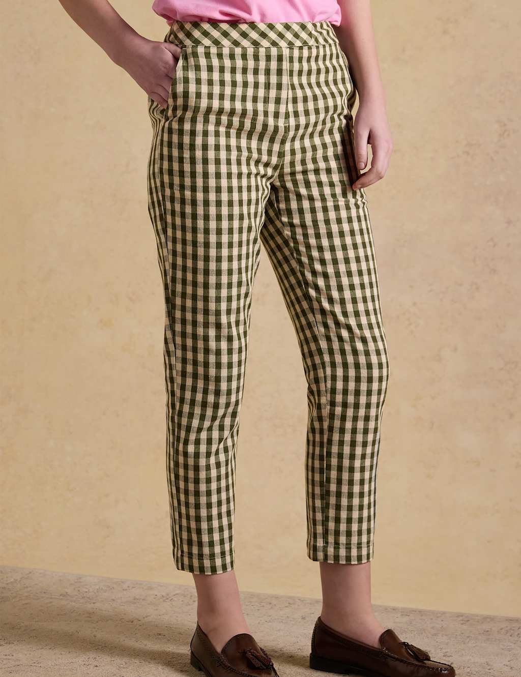 Joules Women's Cotton Rich Checked Cropped Trousers - 14 - Green Mix - Available at M&S