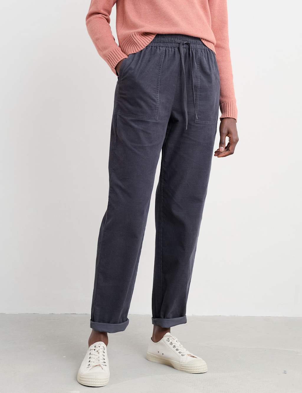 Seasalt Cornwall Pure Cotton Drawstring Tapered Ankle Grazer Trousers Grey