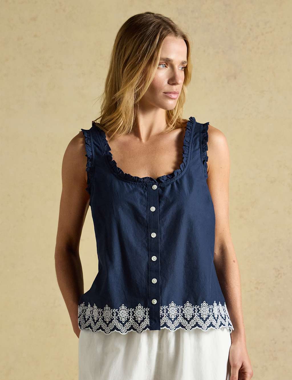 Joules Women's Pure Cotton Broderie Detail Vest - 10 - Navy Mix - Available at M&S