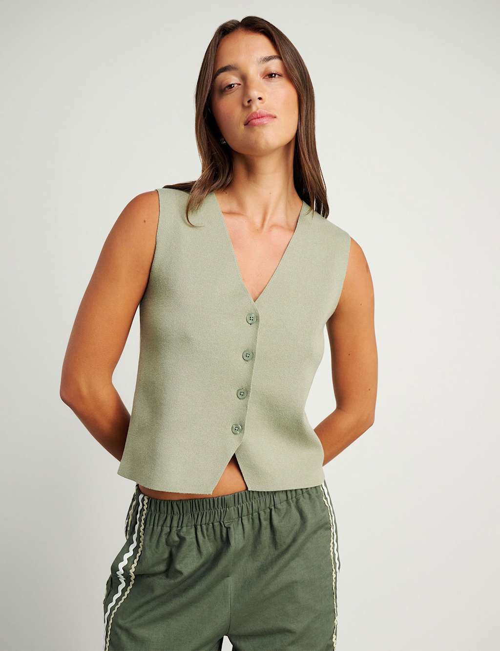 Jag V-Neck Button Through Relaxed Knitted Vest Green