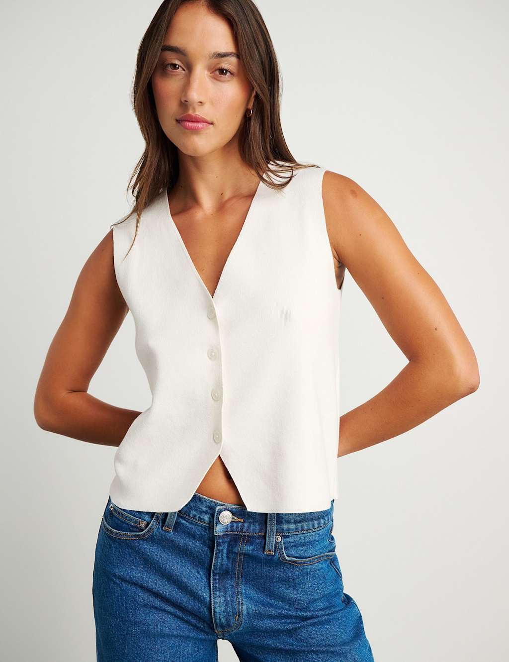 Jag V-Neck Button Through Relaxed Knitted Vest White