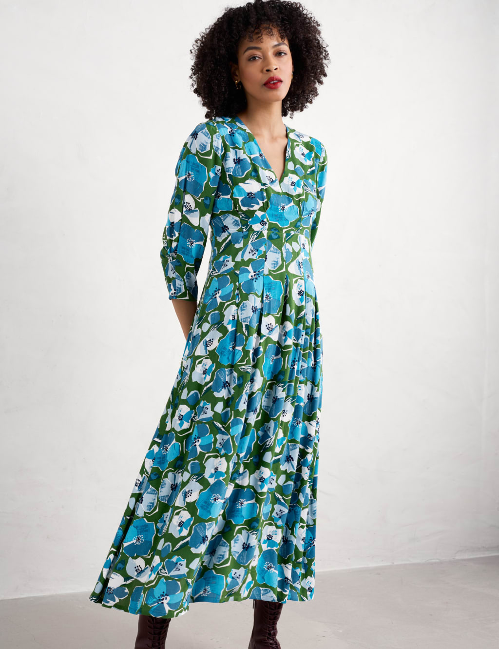 Floral V-Neck Midaxi Waisted Dress