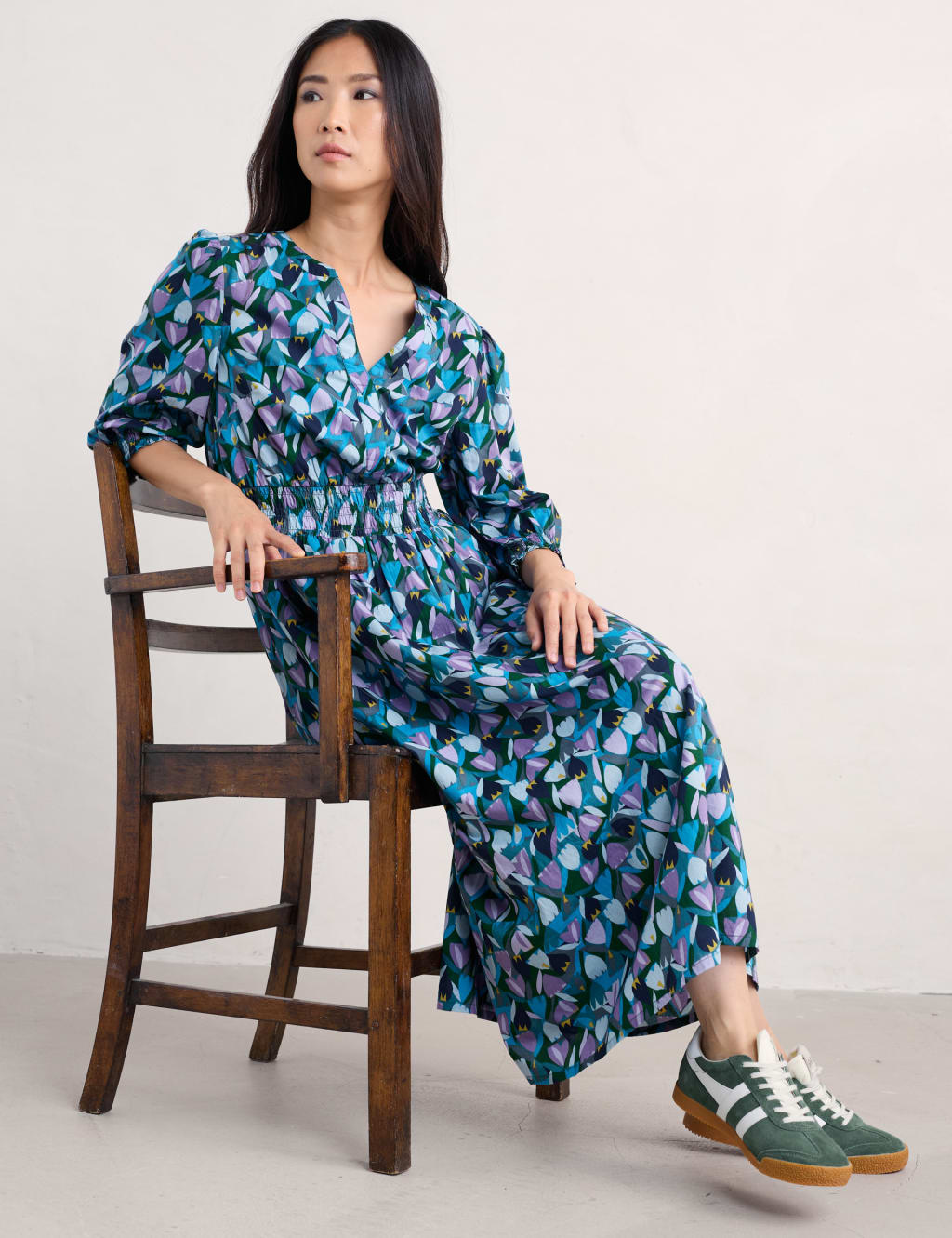 Pure Cotton Floral Midaxi Waisted Dress