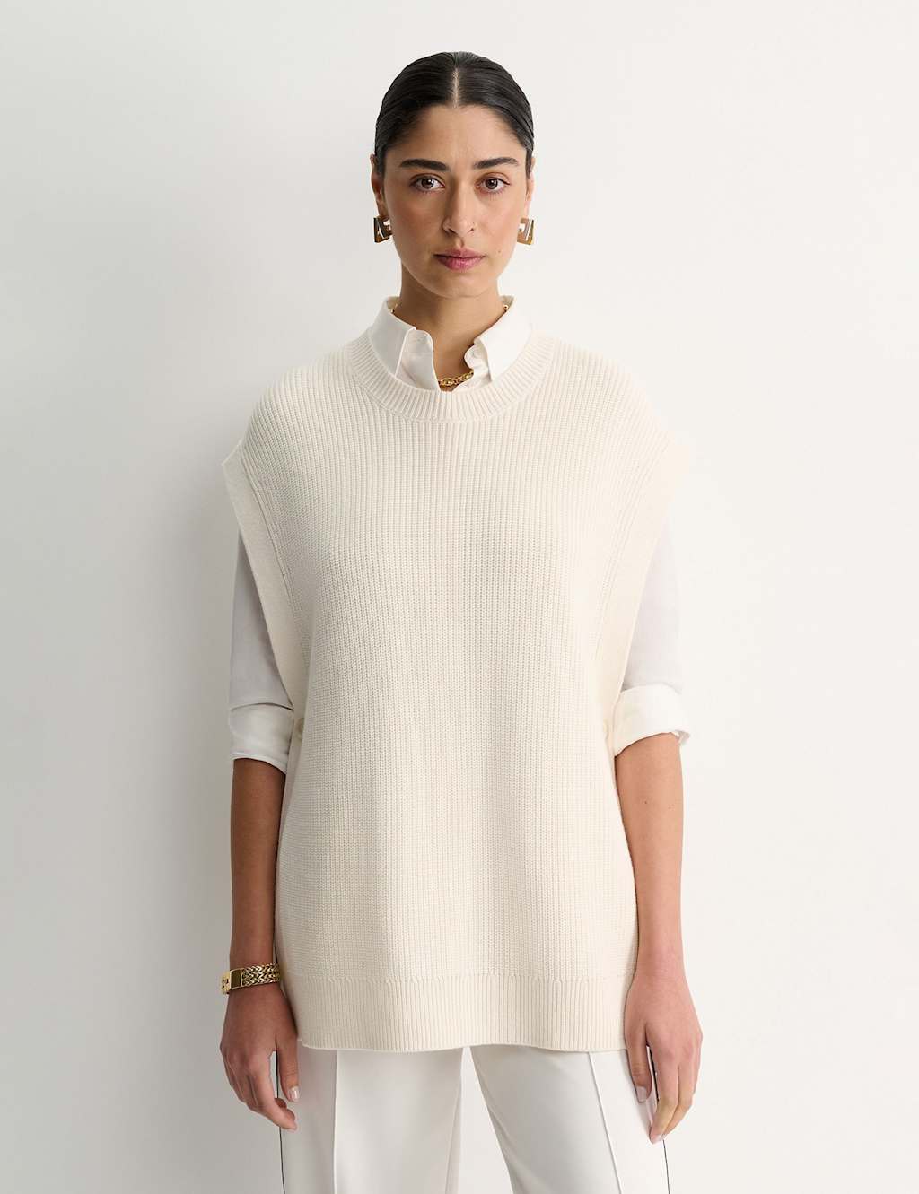 Sportscraft Wool Blend Ribbed Open Side Knitted Vest White