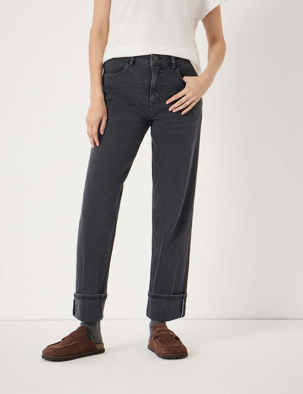 Hush Women's Mid Rise Straight Leg Turn Up Jeans - 12 - Black - Available at M&S