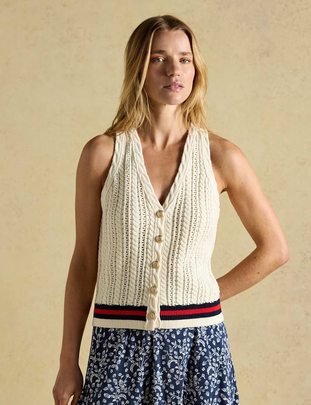 Joules Women's Pure Cotton Textured V-Neck Knitted Vest - Large - Cream Mix - Available at M&S