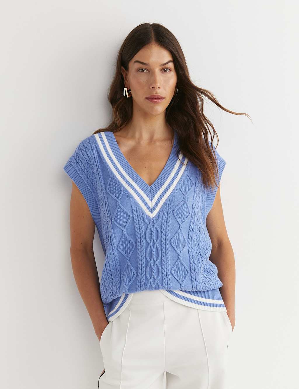 Sportscraft Pure Cotton Cable Knit V-Neck Knitted Vest Light Blue