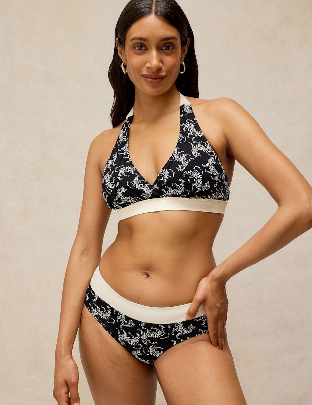 White Stuff Women's Tiger Print Halterneck Bikini Top - 16 - Black Mix - Available at M&S