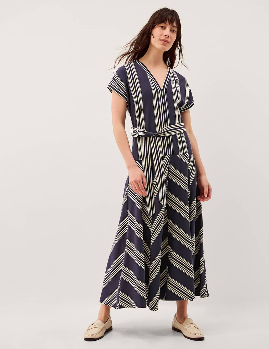 Monsoon Women's Pure Cotton Striped V-Neck Maxi Smock Dress - Small - Navy Mix - Available at M&S
