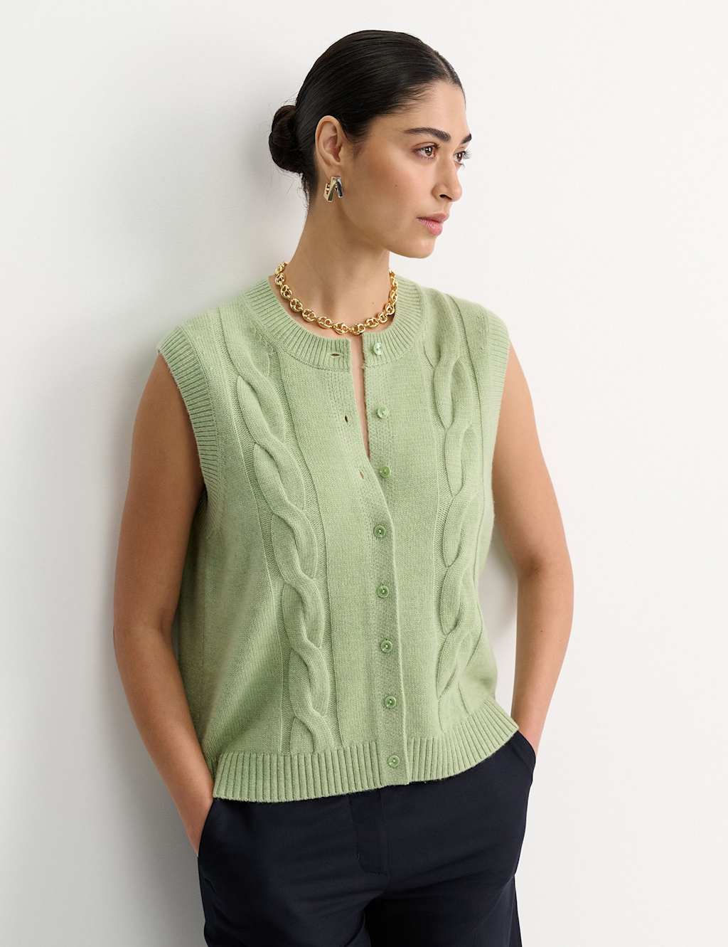 Sportscraft Wool Rich Cable Knit Crew Neck Knitted Vest Light Green