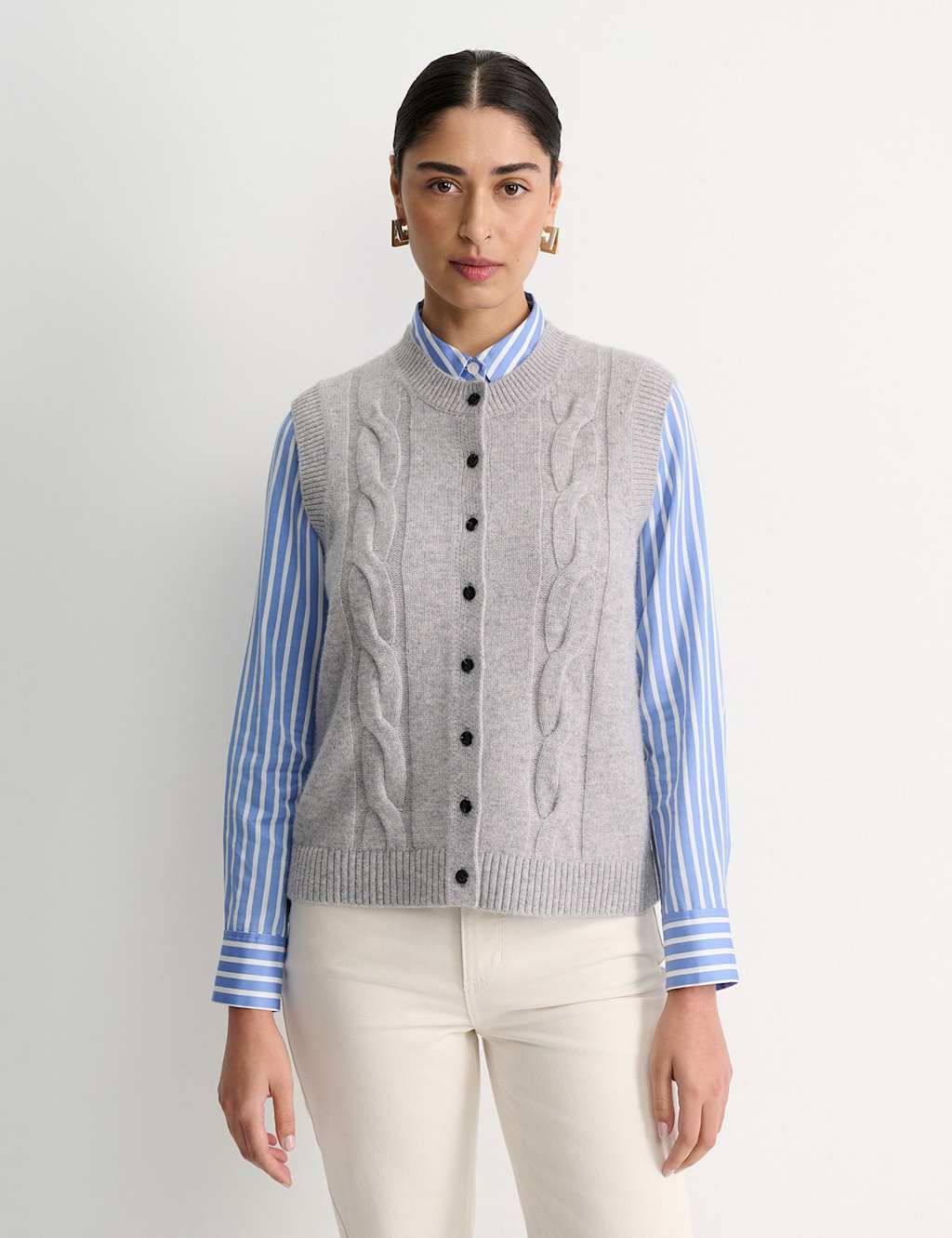 Sportscraft Wool Rich Cable Knit Crew Neck Knitted Vest Grey