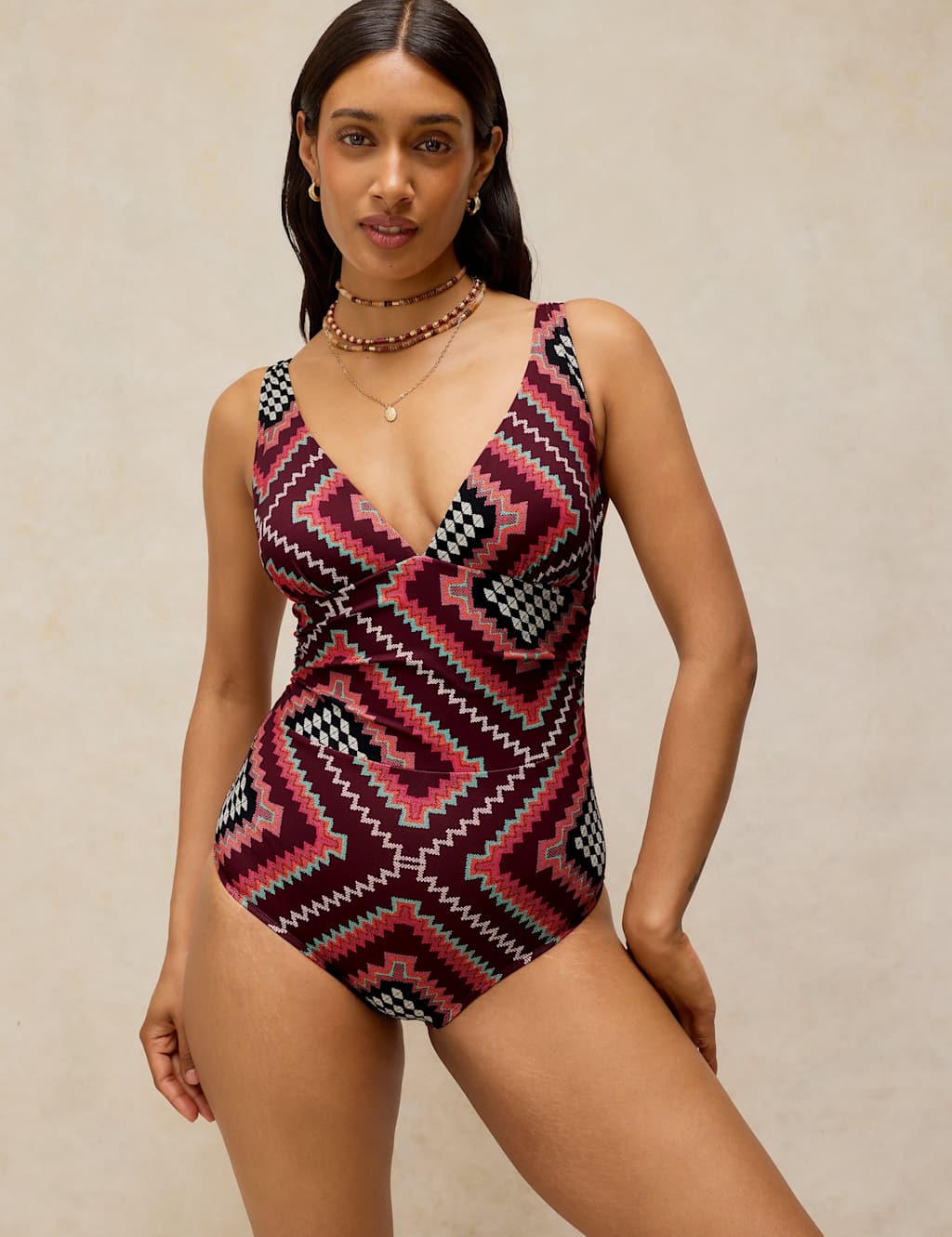 White Stuff Women's Patterned Tie Detail Plunge Swimsuit - 12 - Purple Mix - Available at M&S