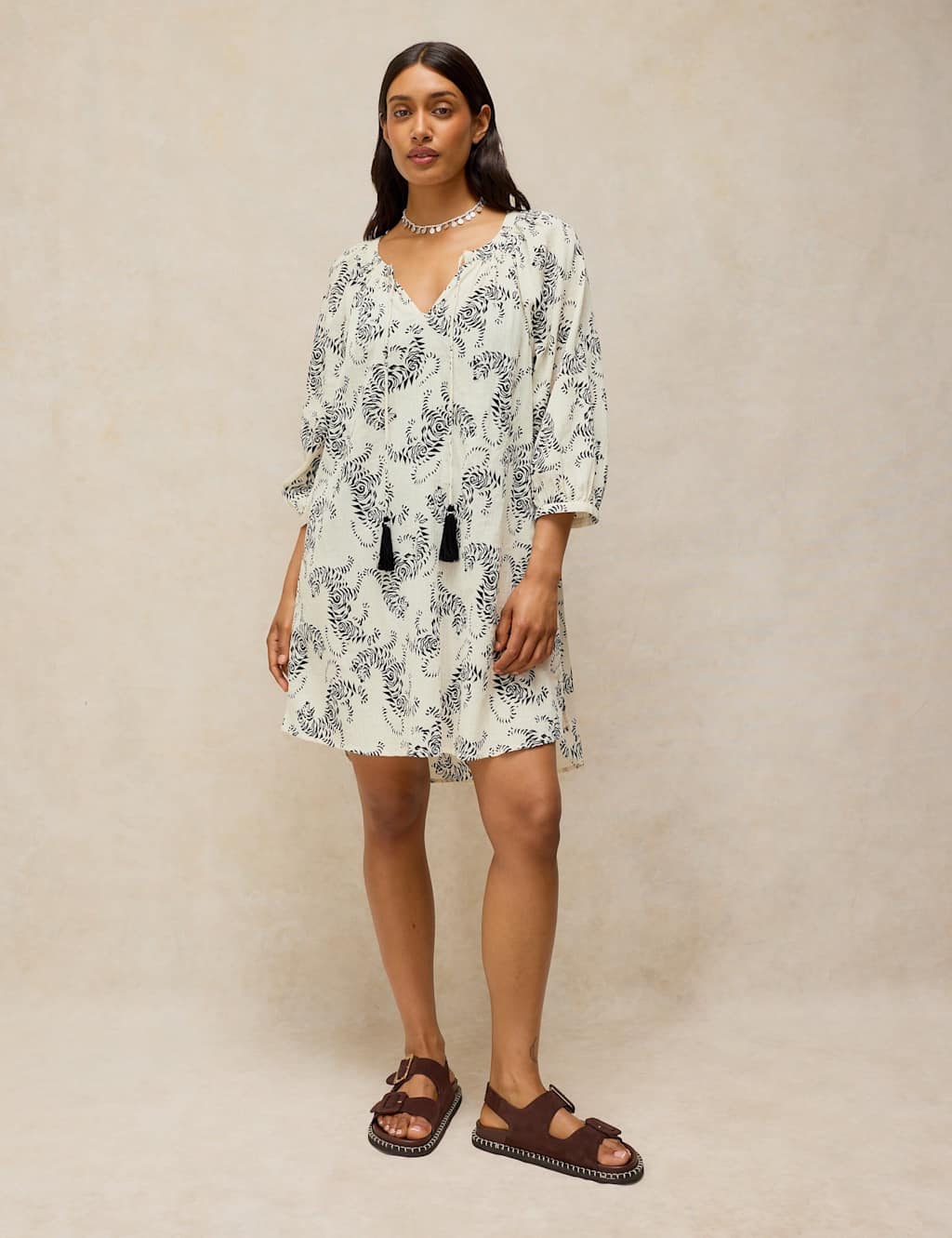 White Stuff Women's Pure Cotton V-Neck Tie Detail Beach Dress - Medium - White Mix - Available at M&S