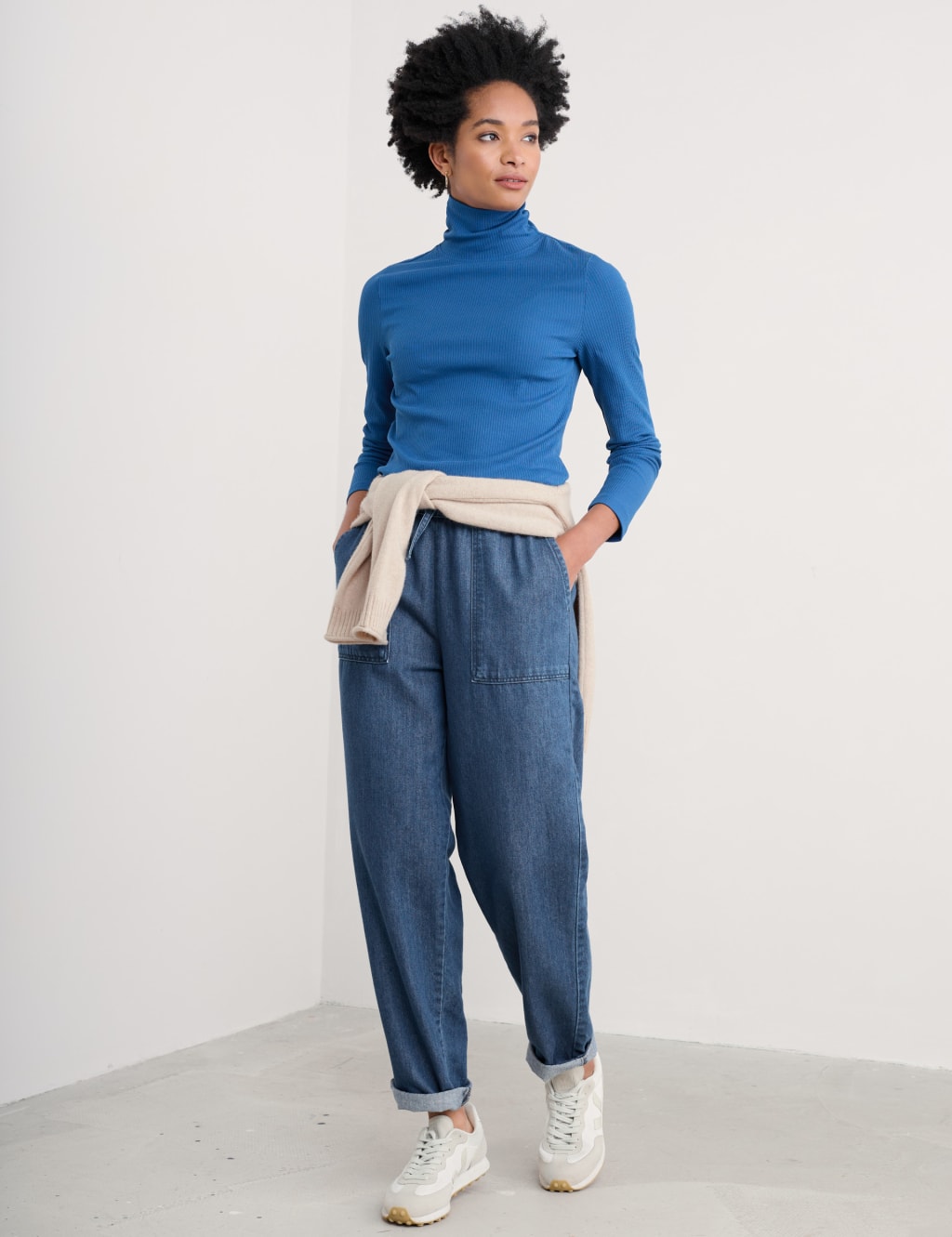 Cotton Rich Ribbed Roll Neck Slim Fit Top