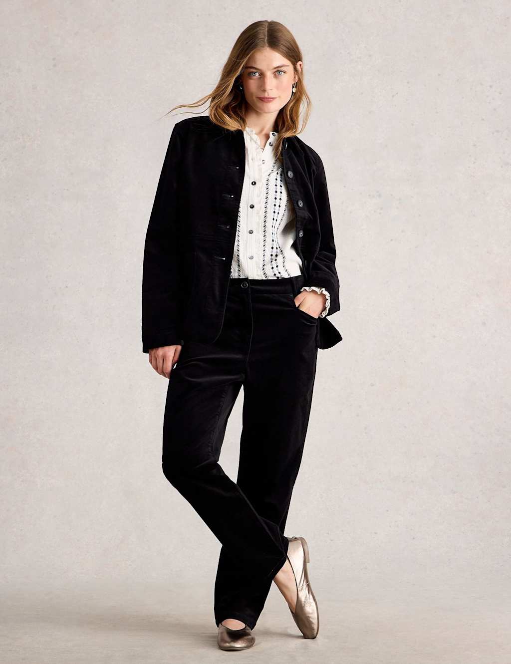 White Stuff Cotton Rich Velvet Jacket Black