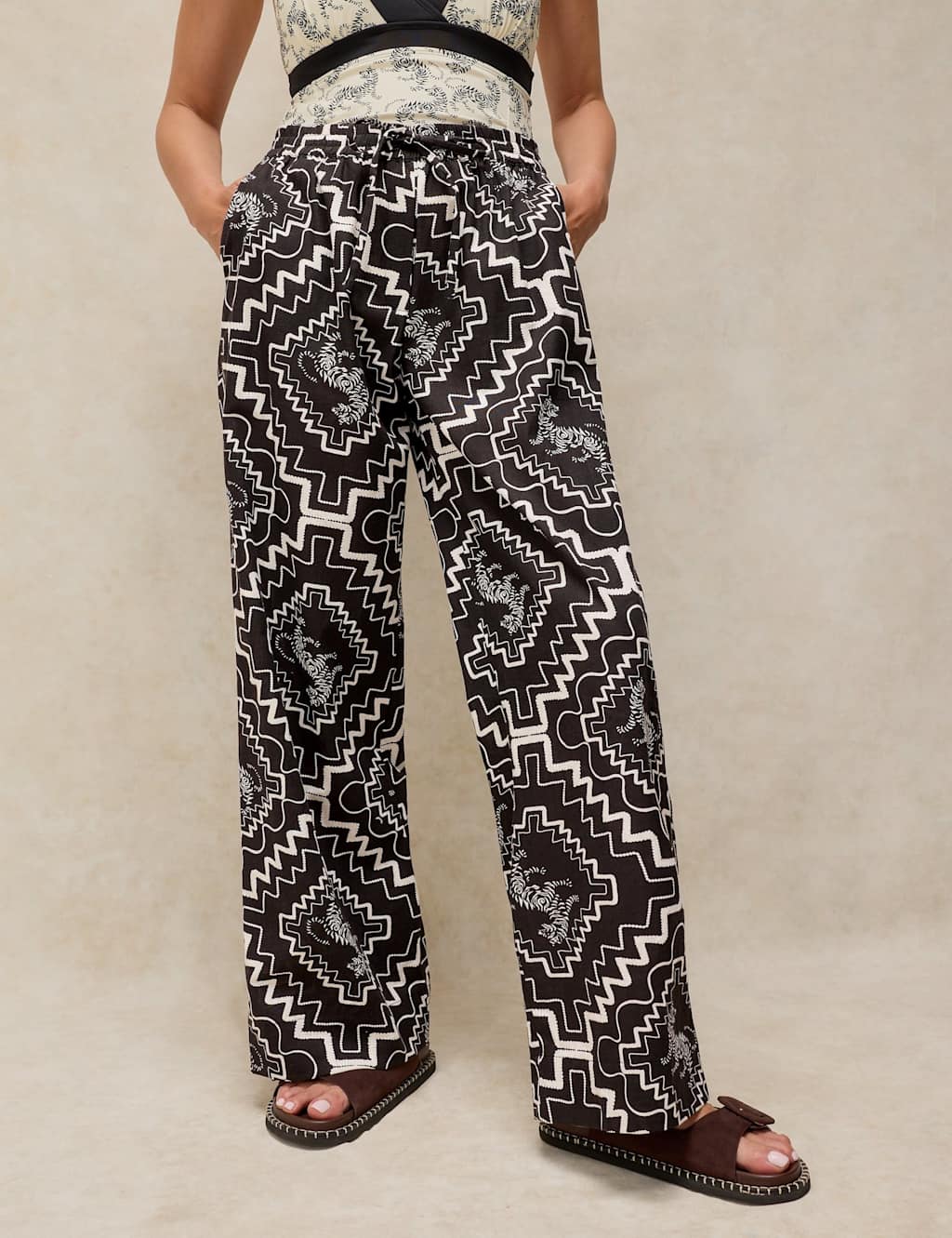 White Stuff Women's Cotton Rich Beach Trousers With Linen - Medium - Black Mix - Available at M&S