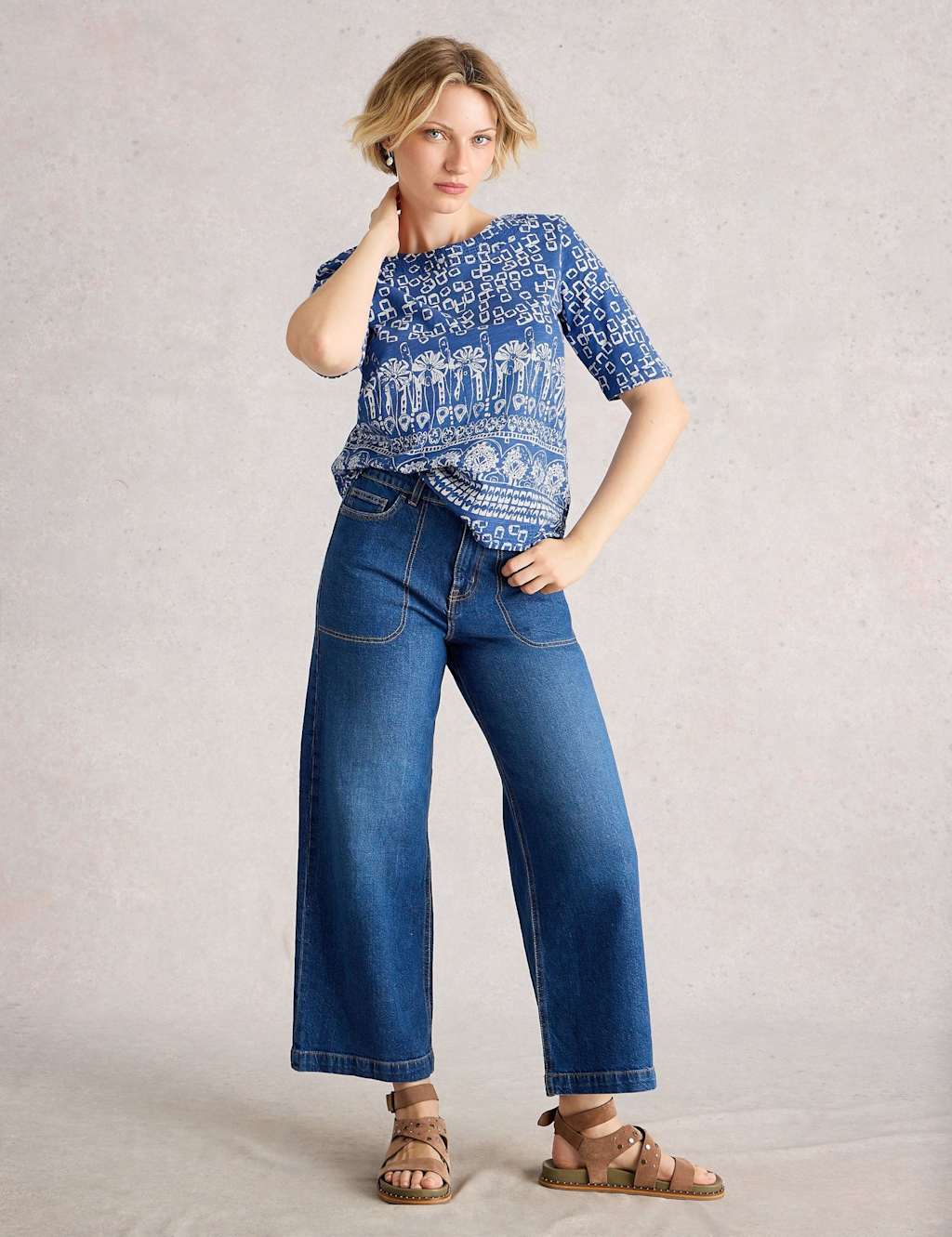 White Stuff Women's Pure Cotton Printed T-Shirt - 12 - Blue Mix, Blue Mix