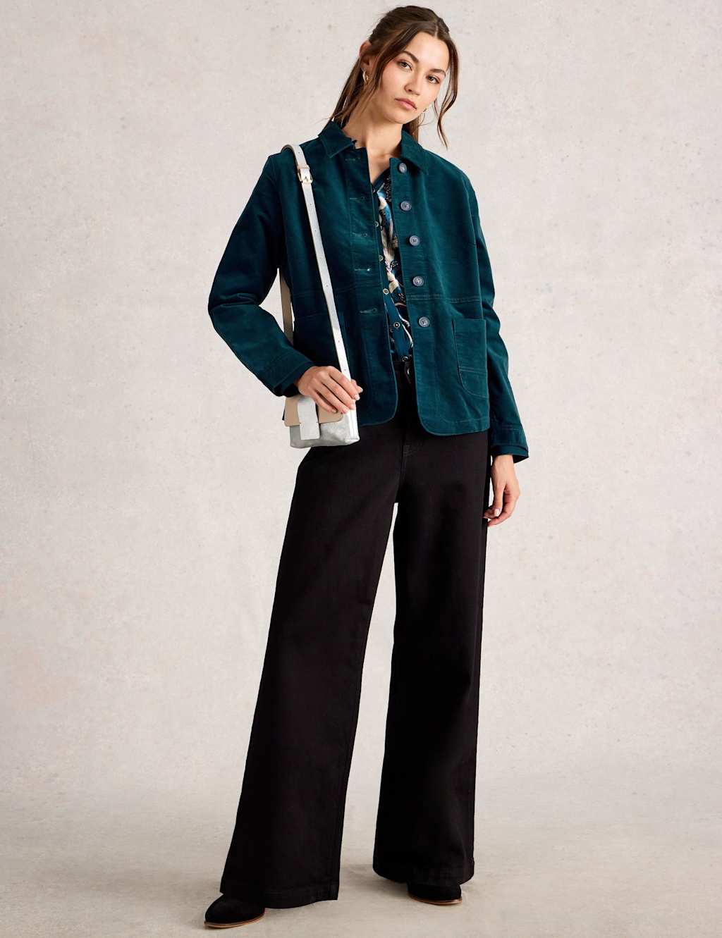 White Stuff Pure Cotton Relaxed Velvet Jacket Teal