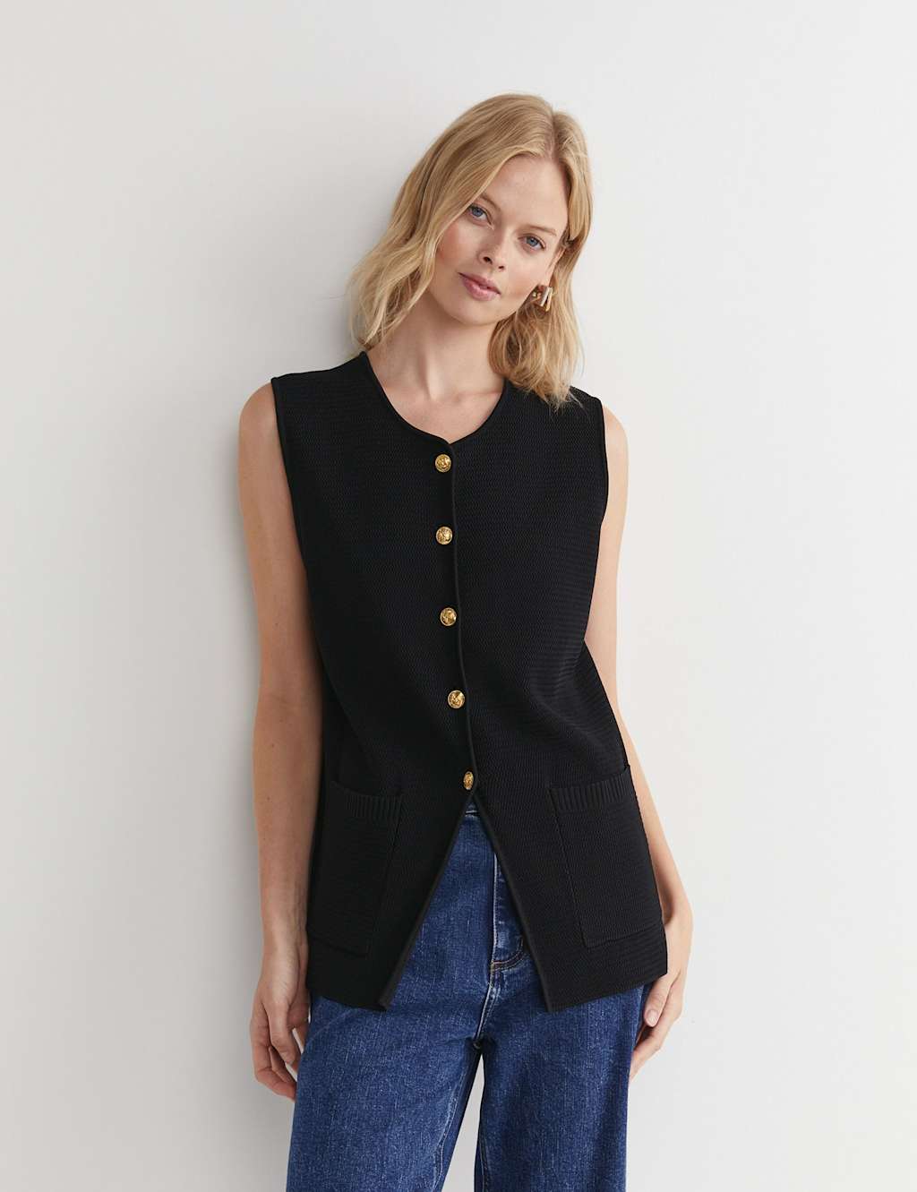 Sportscraft Button Through Knitted Vest Black