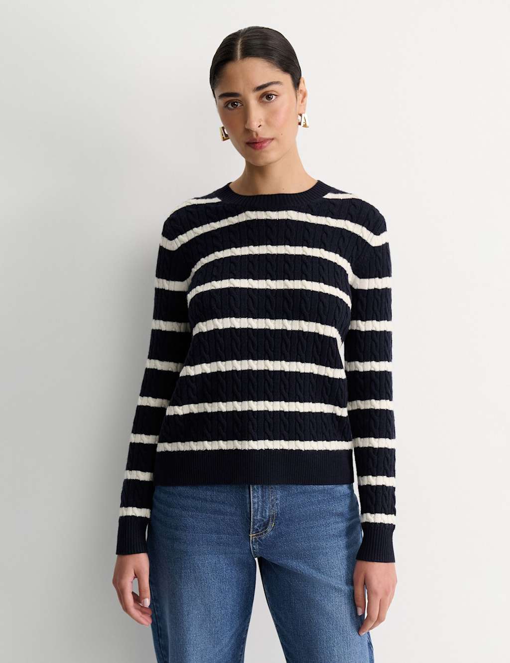 Sportscraft Pure Merino Wool Cable Knit Striped Jumper Navy Mix
