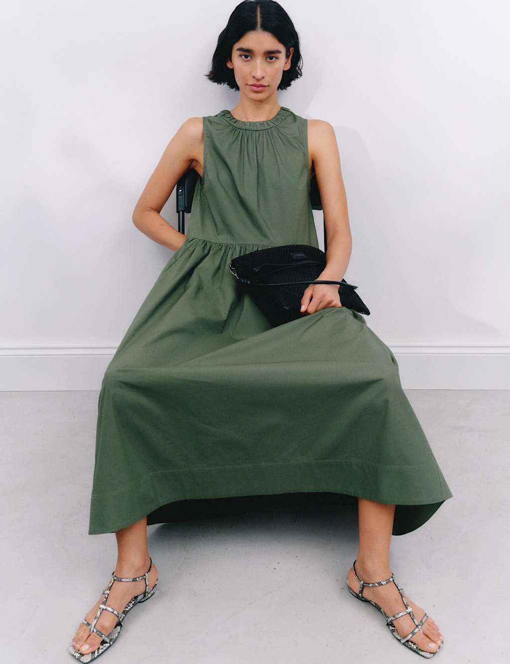 Pure Cotton Round Neck Maxi Waisted Dress