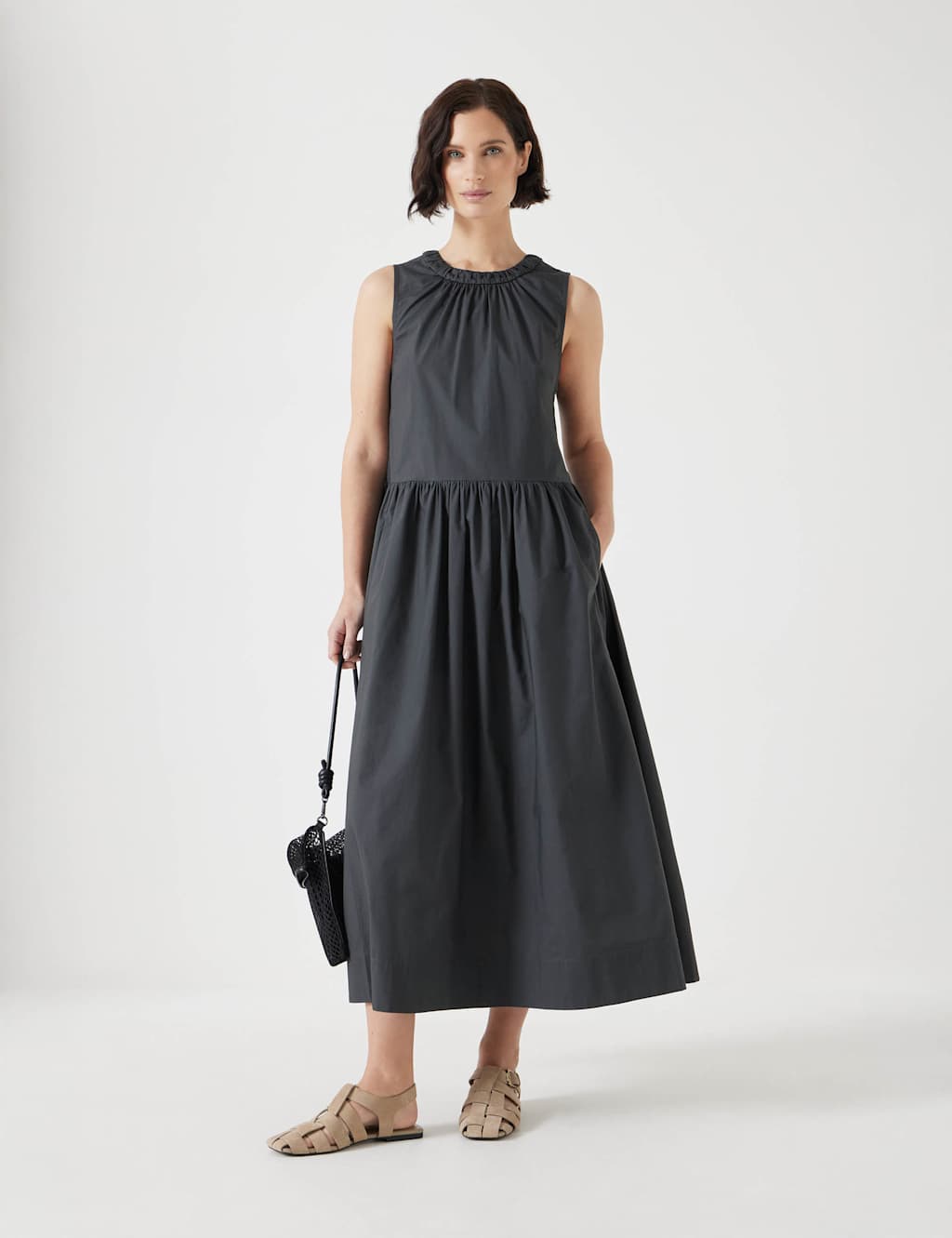 Pure Cotton Round Neck Maxi Waisted Dress