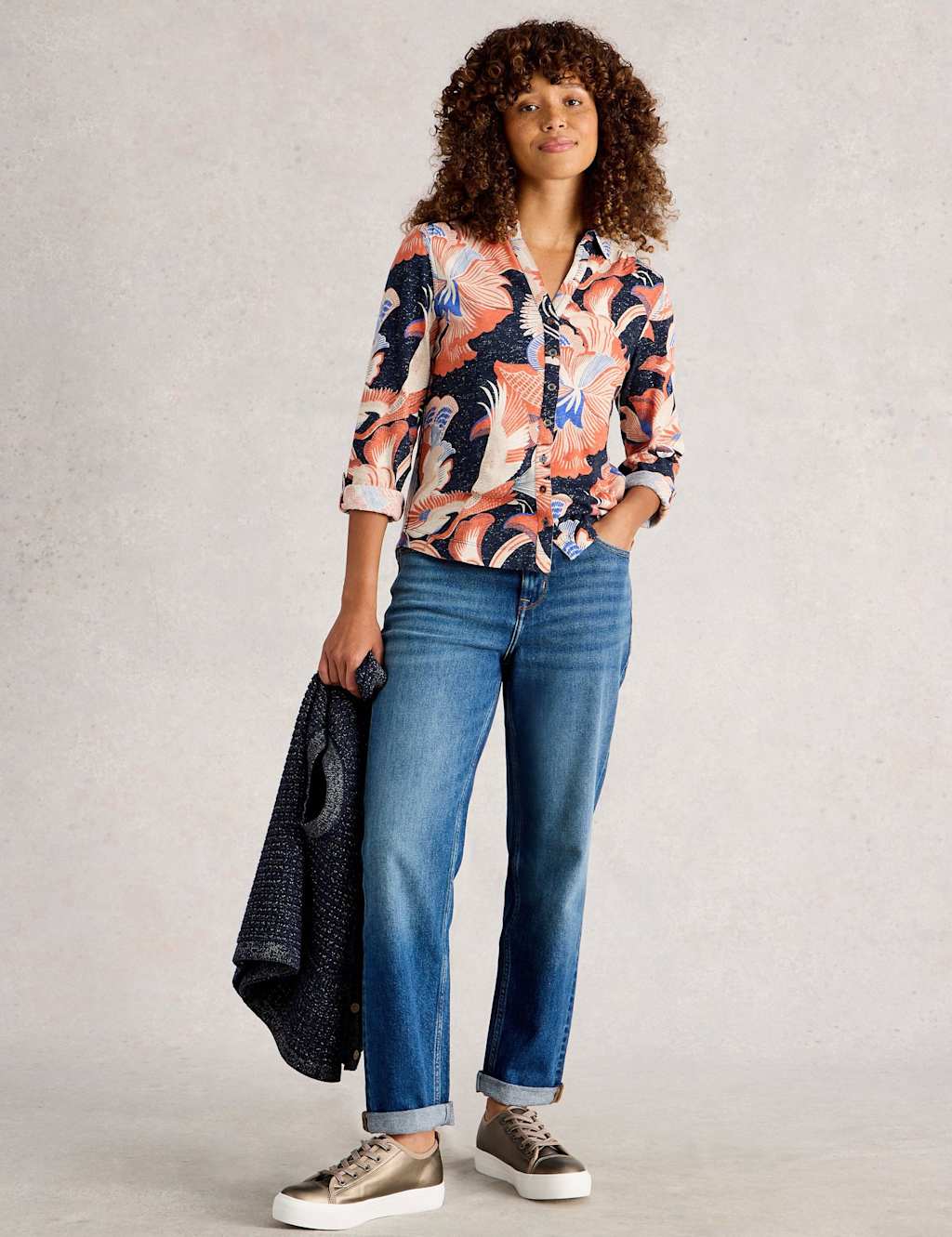 White Stuff Women's Cotton Rich Printed Shirt - 14 - Navy Mix, Navy Mix