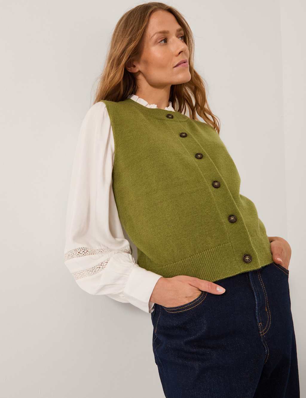 Monsoon Textured Button Through Knitted Vest Green