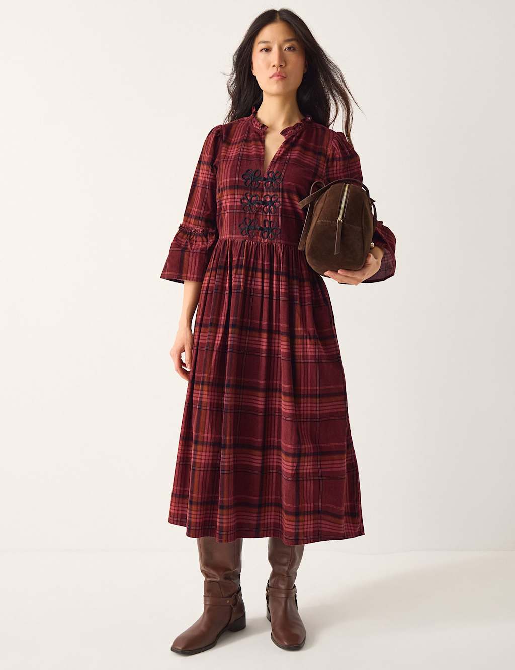 Monsoon Pure Cotton Checked Midi Waisted Dress Burgundy