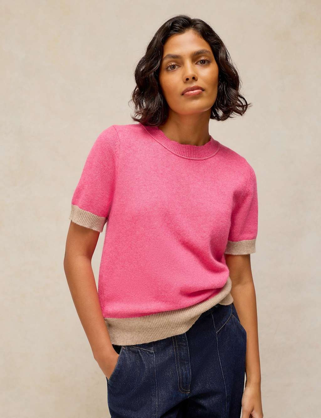 White Stuff Women's Wool Blend Colour Block Knitted T-Shirt - 14 - Pink Mix - Available at M&S