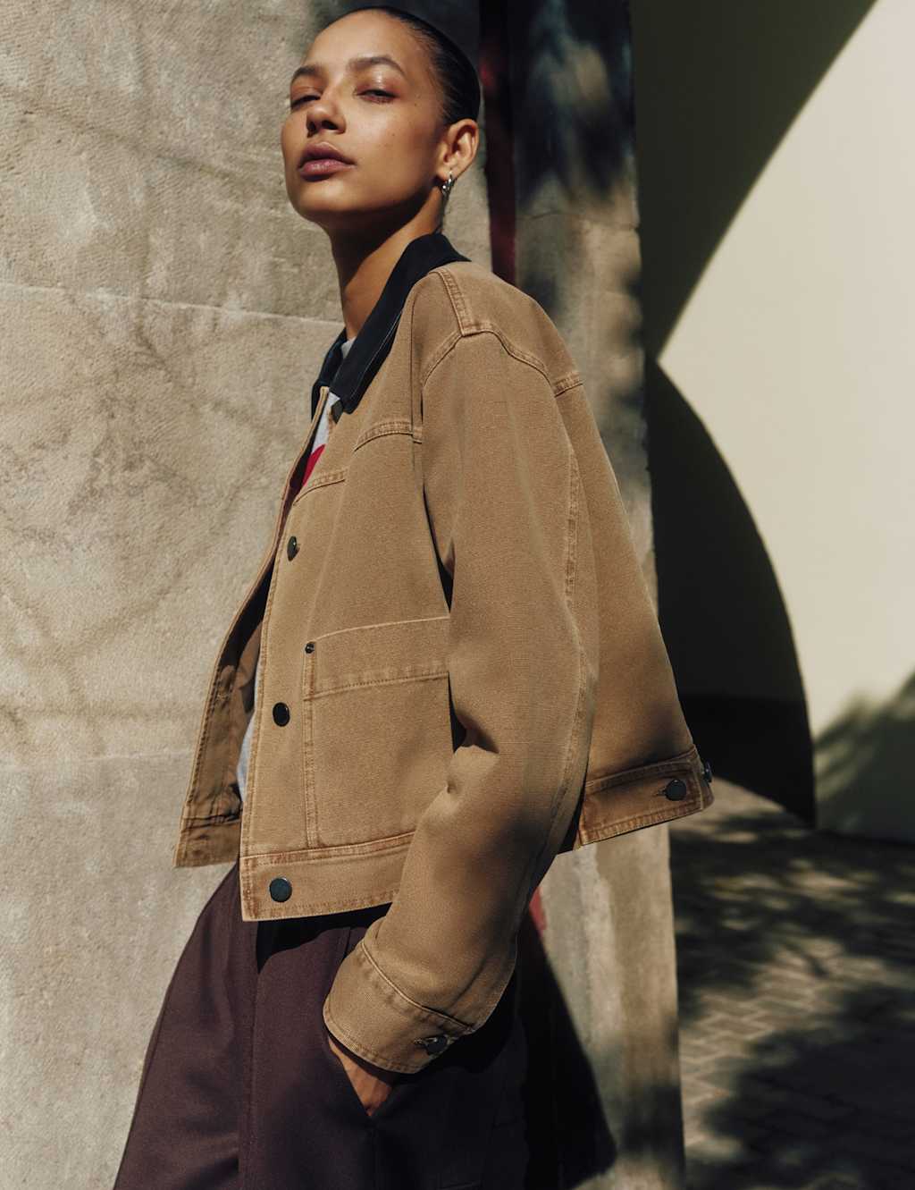Pure Cotton Leather Collar Cropped Jacket