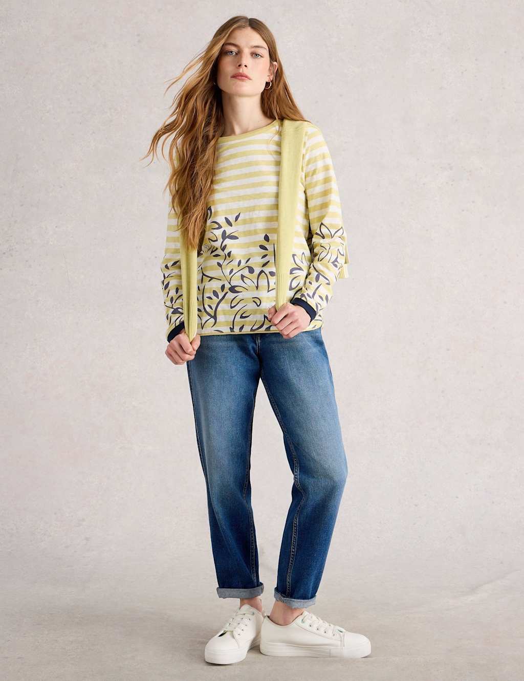 White Stuff Pure Cotton Striped Floral Top Yellow Mix