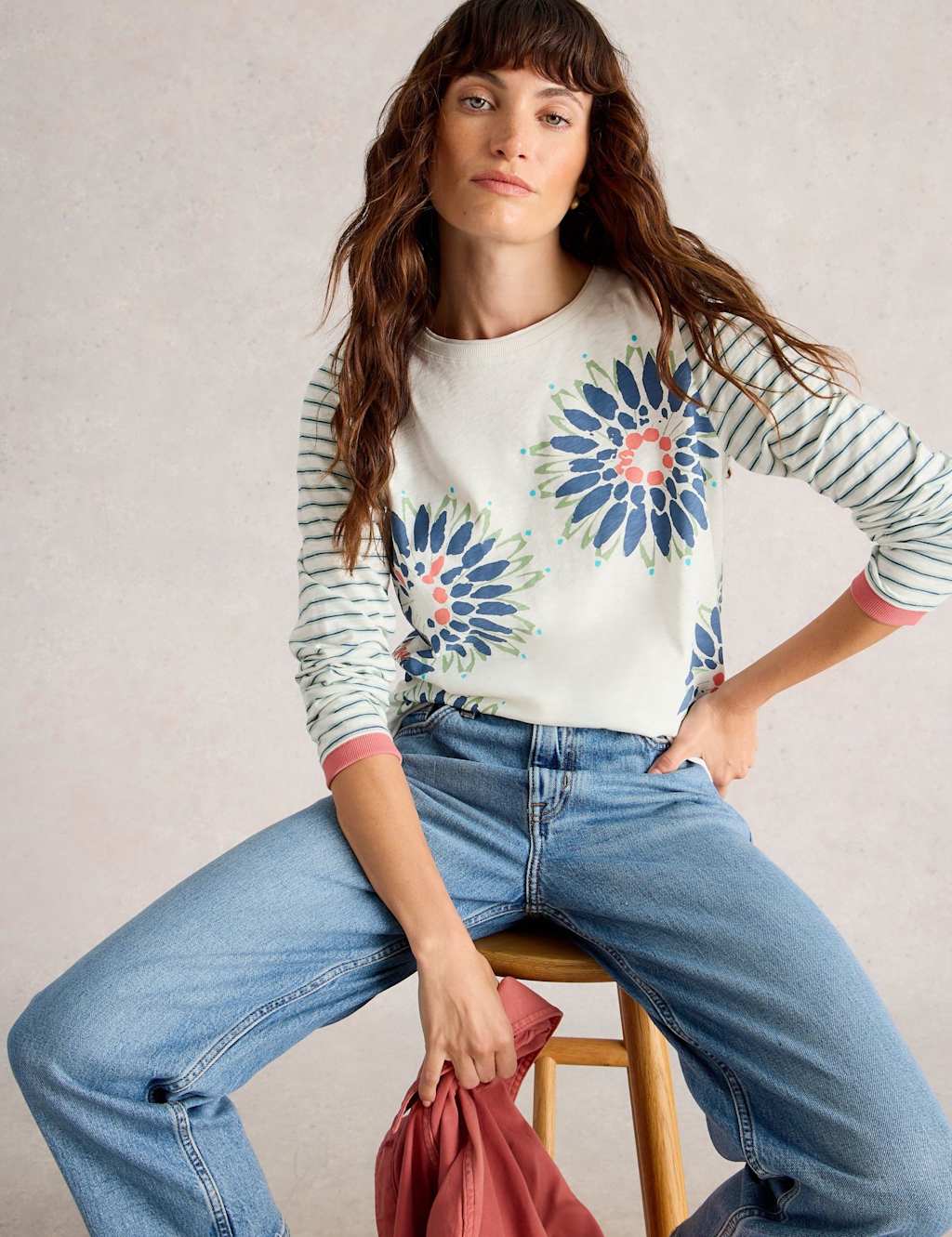 White Stuff Pure Cotton Striped Floral Top White Mix