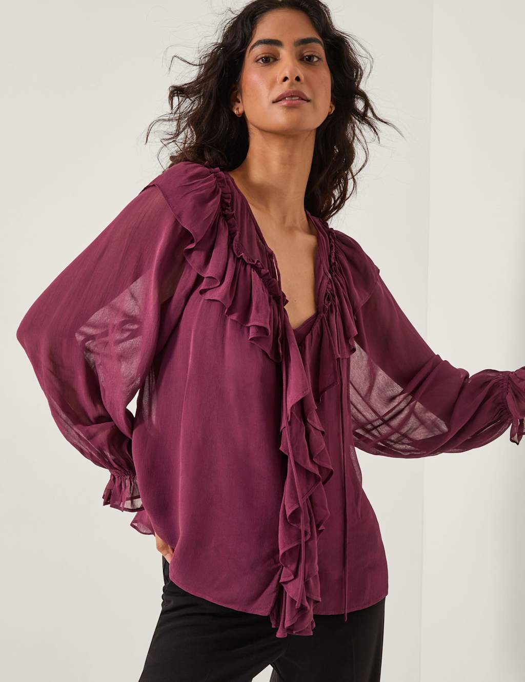 Monsoon Tie Neck Frill Detail Blouson Sleeve Blouse Burgundy