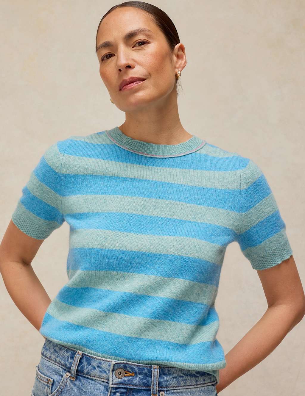 White Stuff Women's Wool Blend Striped Knitted T-Shirt - 12 - Blue Mix - Available at M&S