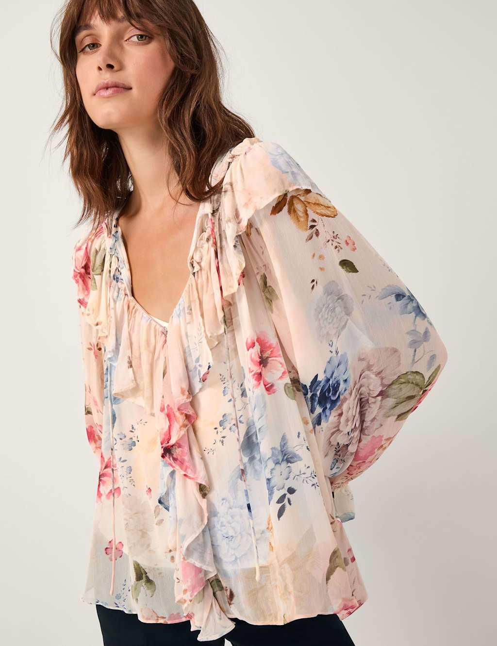 Monsoon Floral Tie Neck Blouse Cream Mix