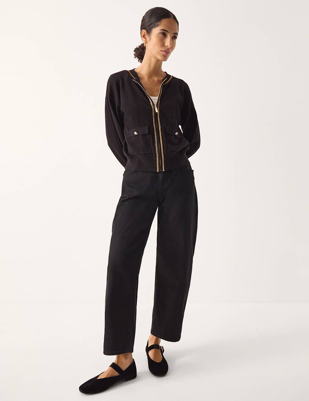 Monsoon Metallic Trim Zip Up Bomber Cardigan Black