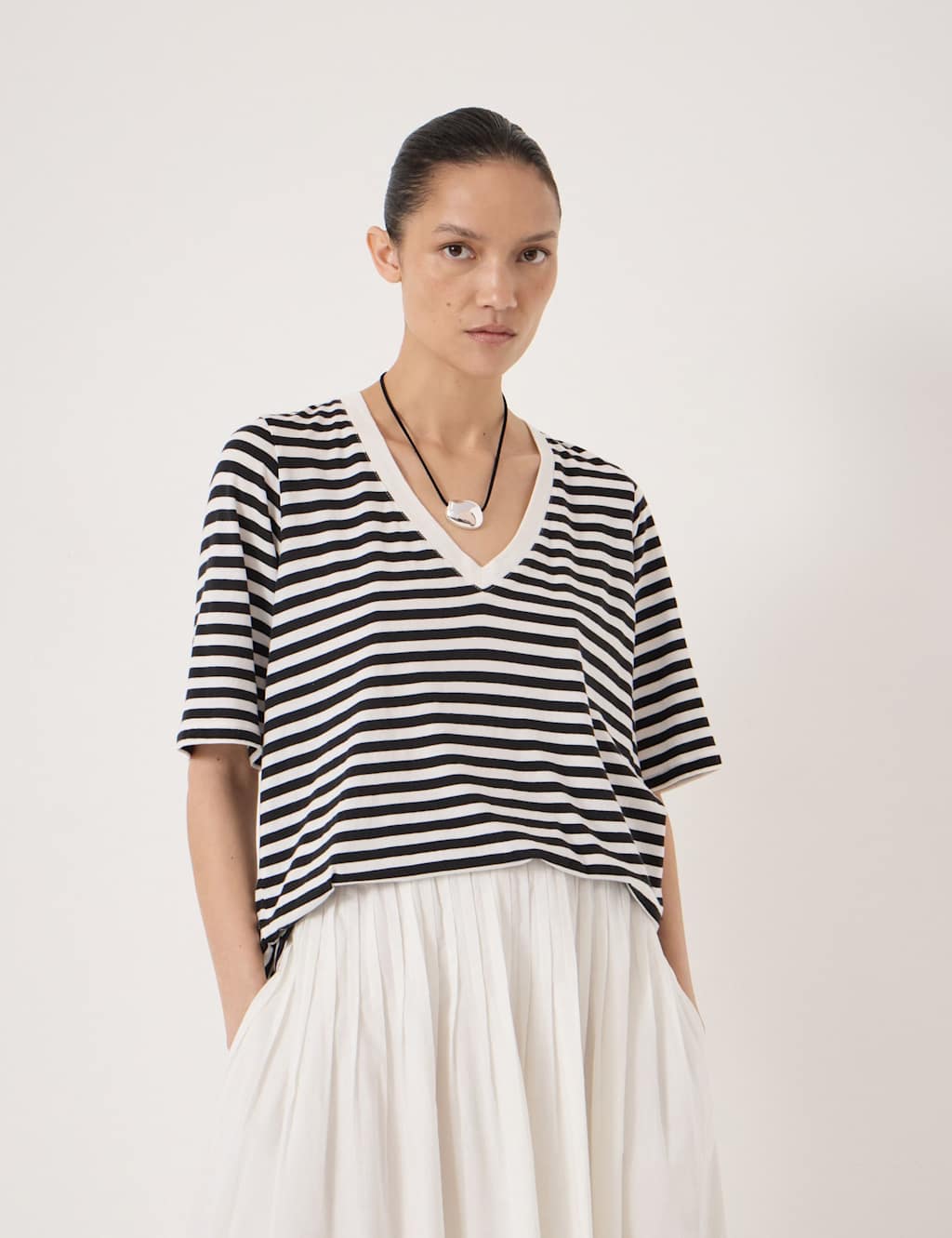 Hush Women's Cotton Rich Striped Draped T-Shirt - Small-Medium - Black Mix - Available at M&S