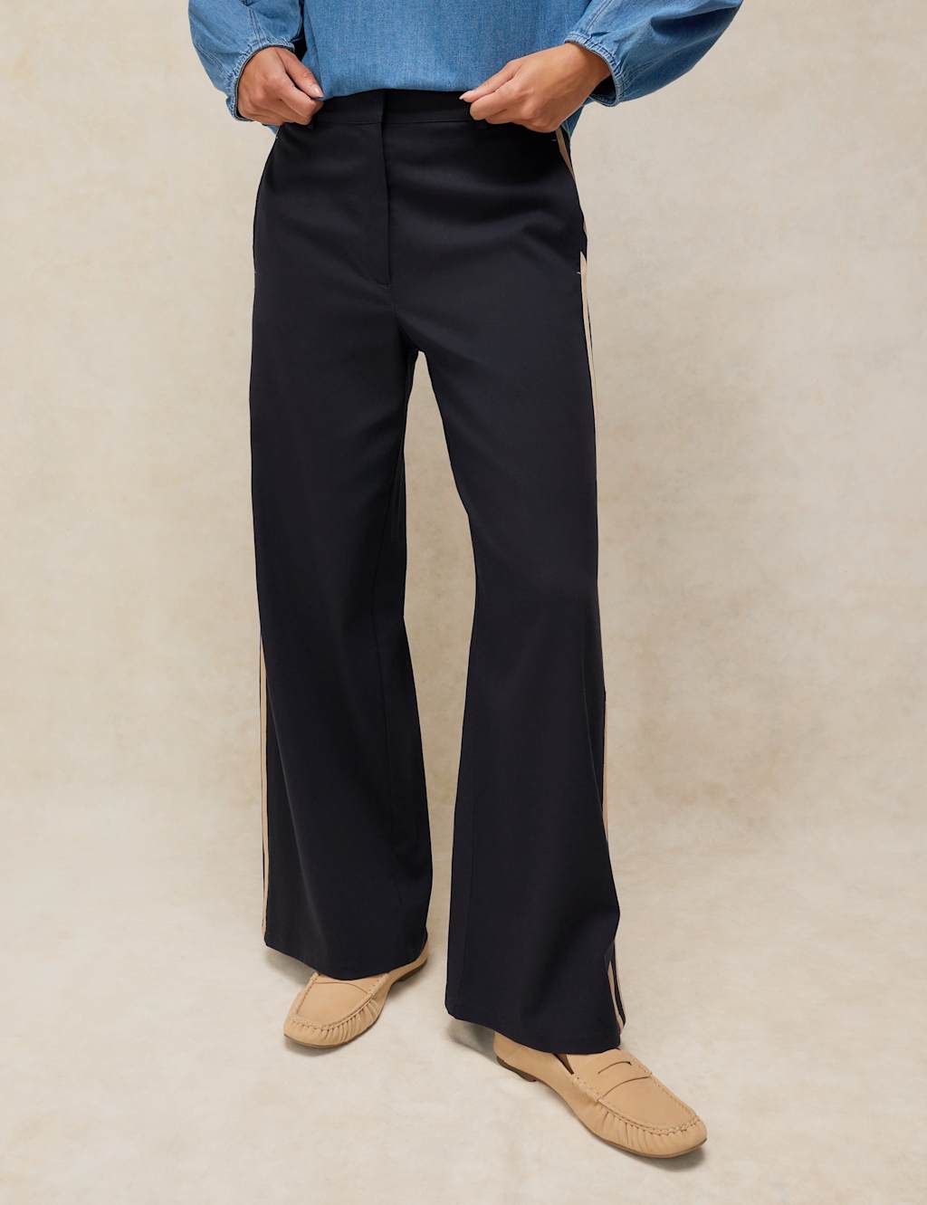 White Stuff Women's Lyocell Rich Side Stripe Wide Leg Trousers - 16 - Navy - Available at M&S