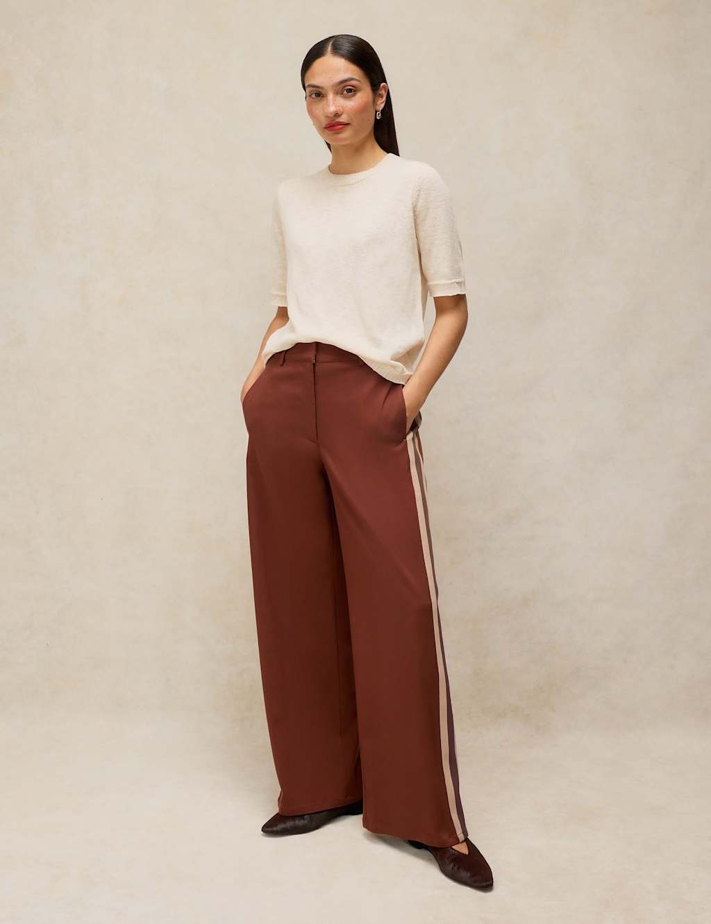 White Stuff Women's Lyocell Rich Side Stripe Wide Leg Trousers - 14 - Brown - Available at M&S
