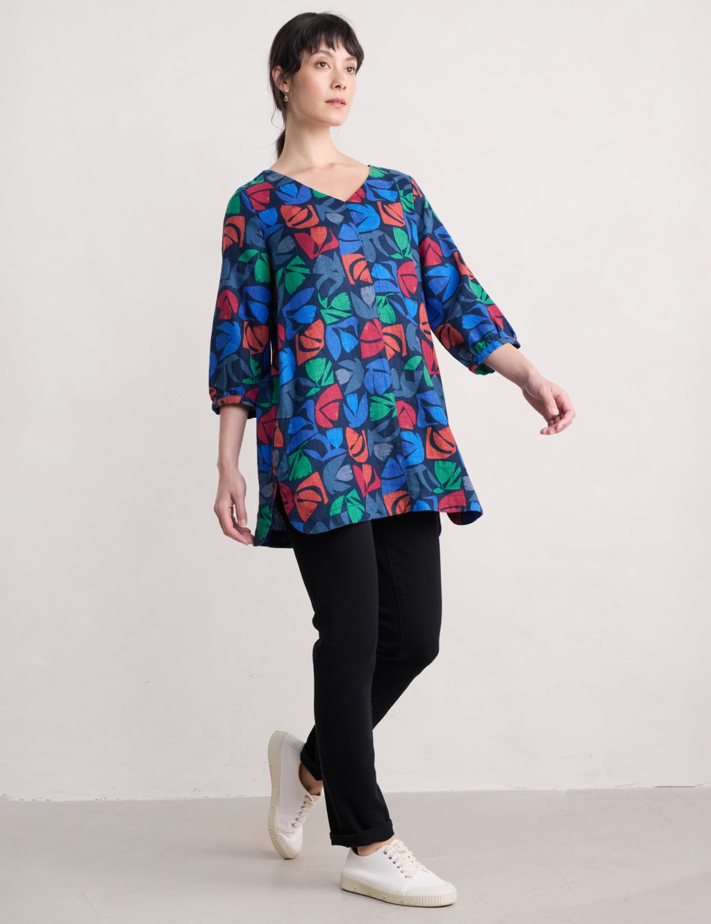 Cotton Blend Floral V-Neck Tunic