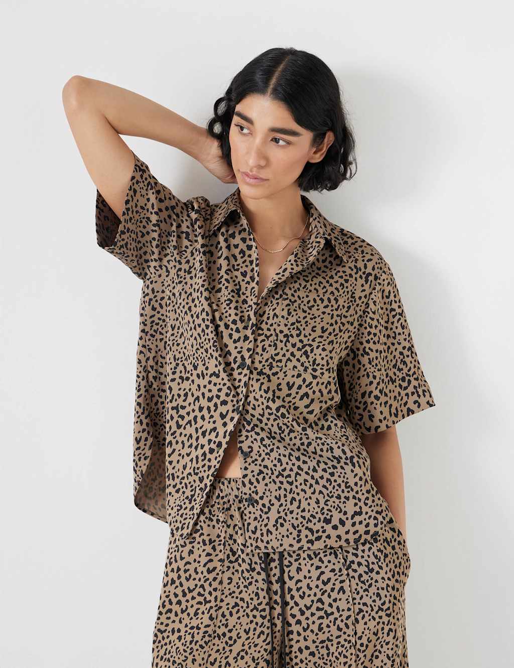 Satin Animal Print Collared Relaxed Shirt