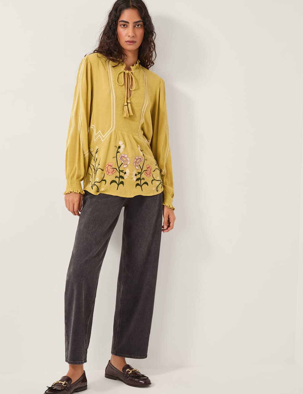 Monsoon Floral Embroidered Tie Neck Top Lime Green