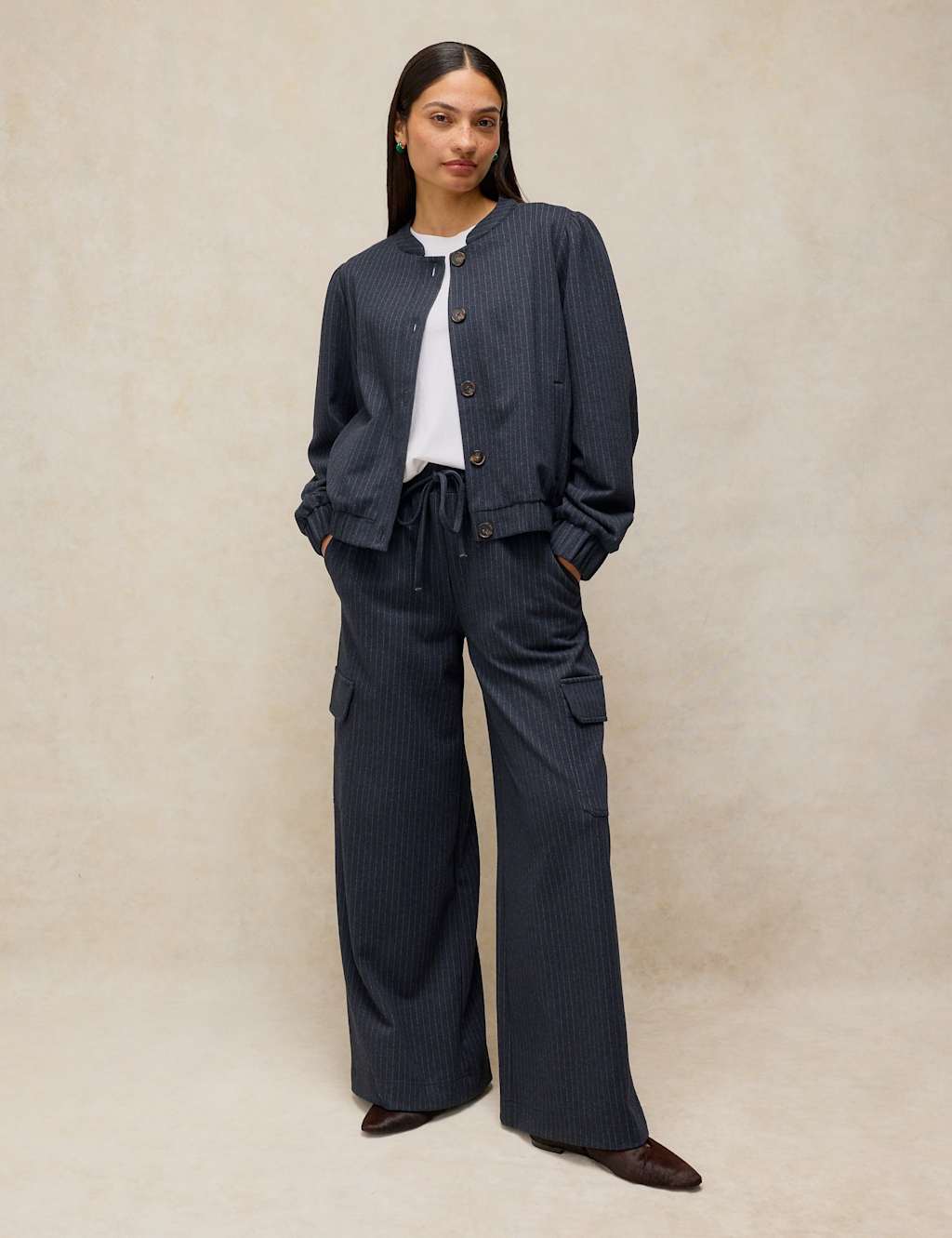 White Stuff Women's Striped Drawstring Wide Leg Trousers - 14 - Navy Mix - Available at M&S