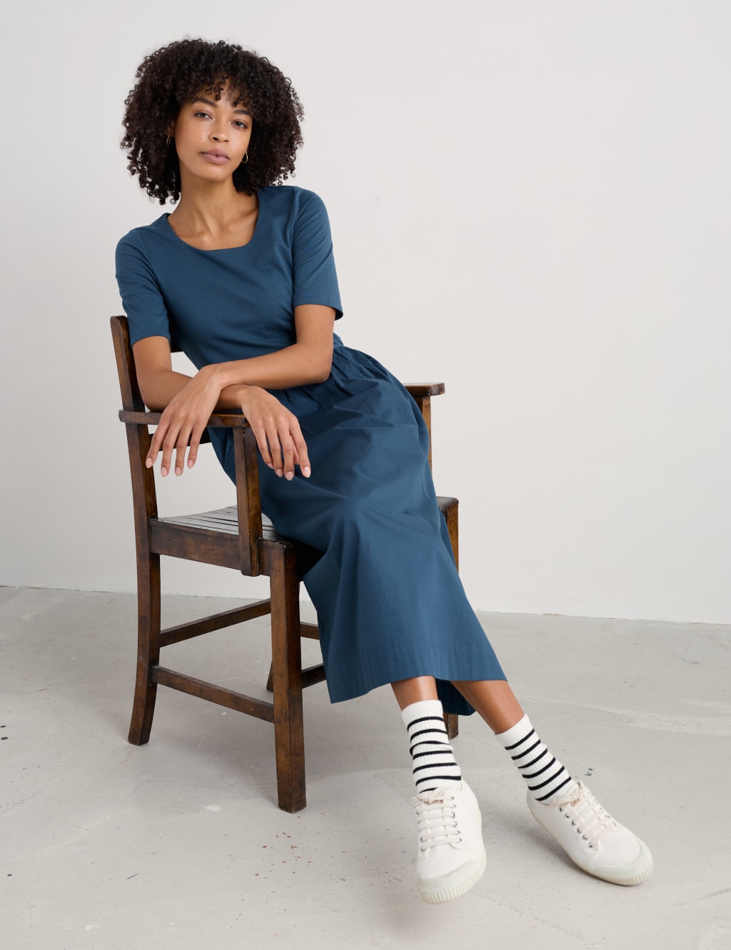 Cotton Rich Scoop Neck Midaxi Waisted Dress