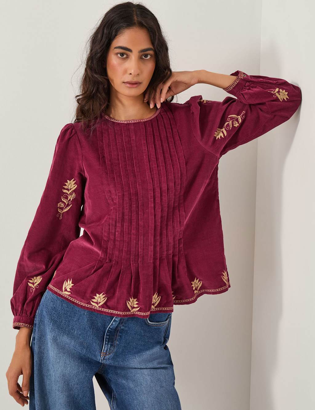 Monsoon Pure Cotton Floral Embroidered Top Cherry Red